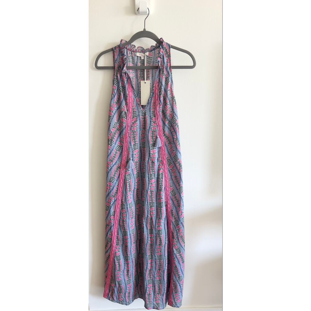 NWT Marea Boho Floral Flowy Maxi Dress with Belt, Pink & Blue Block Print, Small